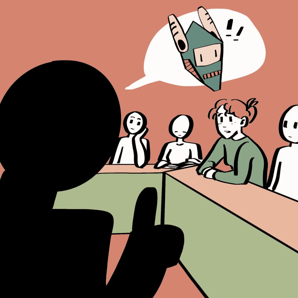 Im Vordergrund spricht eine Figur eine Sprechblase mit einem Symbol für KI an einem Klassenzimmer mit gesetzten Studenten.